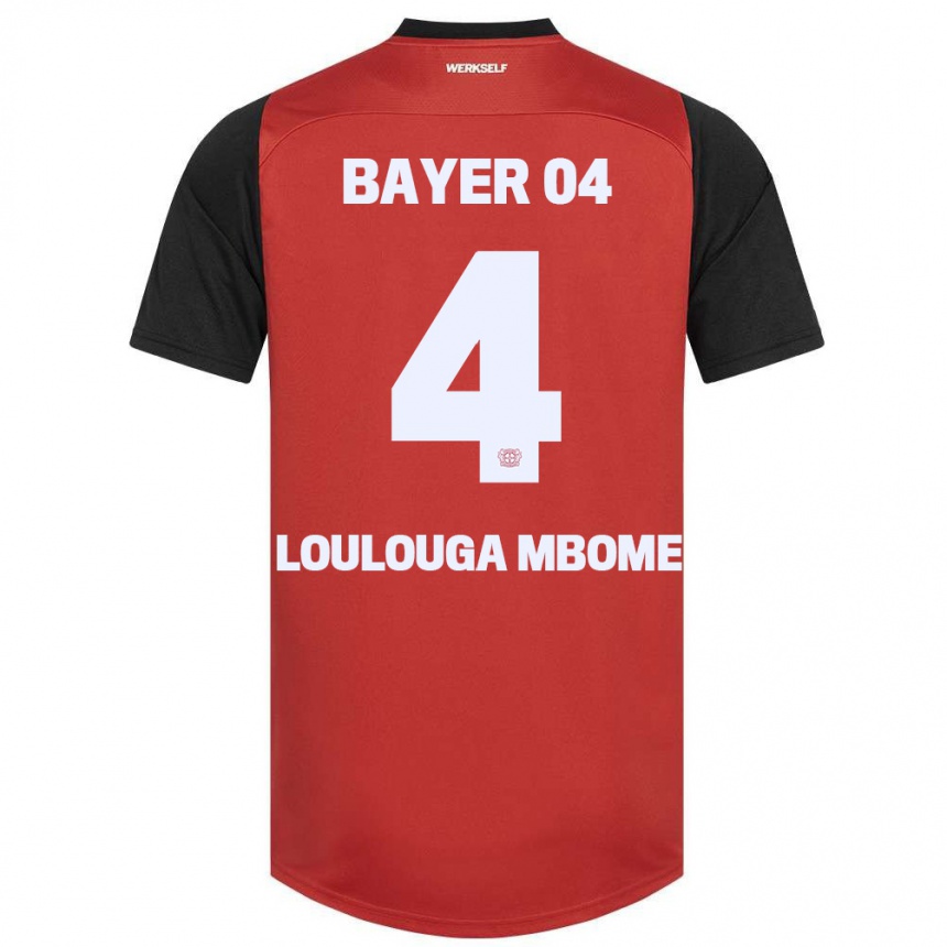 Gyermek Labdarúgás Adrien Loulouga Mbome #4 Piros Fekete Hazai Jersey 2024/25 Mez Póló Ing