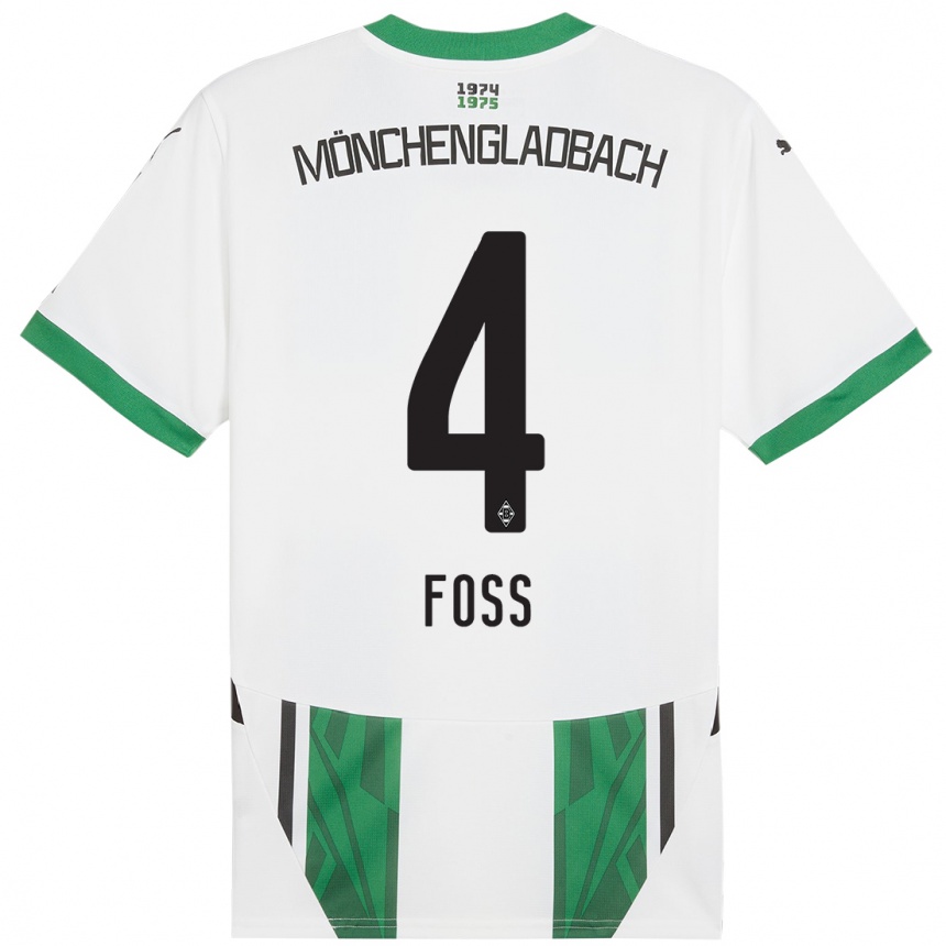 Gyermek Labdarúgás Jonathan Foss #4 Fehér Zöld Hazai Jersey 2024/25 Mez Póló Ing