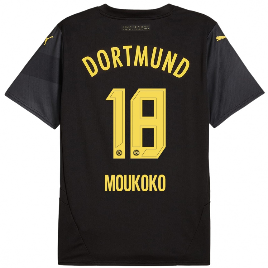 Gyermek Labdarúgás Youssoufa Moukoko #18 Fekete Sárga Idegenbeli Jersey 2024/25 Mez Póló Ing