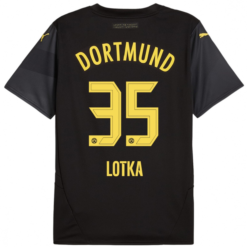 Gyermek Labdarúgás Marcel Lotka #35 Fekete Sárga Idegenbeli Jersey 2024/25 Mez Póló Ing