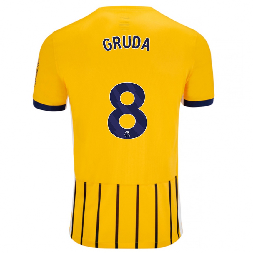 Gyermek Labdarúgás Brajan Gruda #8 Arany Kék Csíkos Idegenbeli Jersey 2024/25 Mez Póló Ing