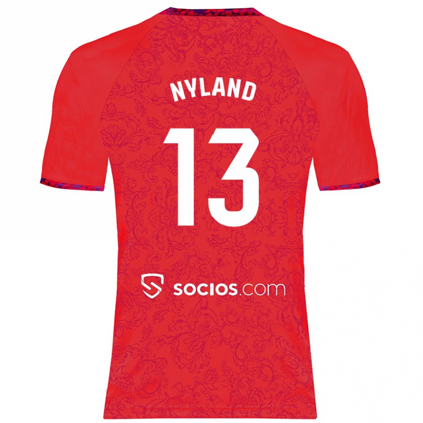 Gyermek Labdarúgás Ørjan Nyland #13 Piros Idegenbeli Jersey 2024/25 Mez Póló Ing