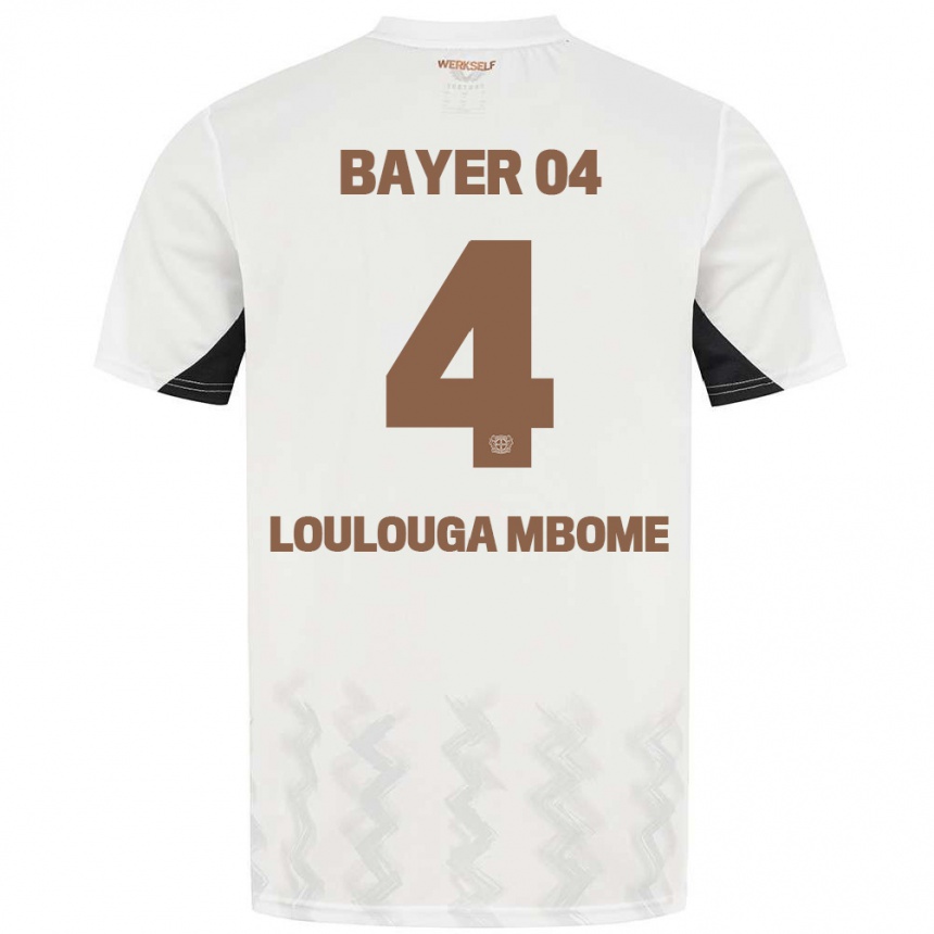 Gyermek Labdarúgás Adrien Loulouga Mbome #4 Fehér Fekete Idegenbeli Jersey 2024/25 Mez Póló Ing