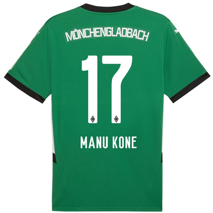 Gyermek Labdarúgás Manu Koné #17 Zöld Fehér Idegenbeli Jersey 2024/25 Mez Póló Ing