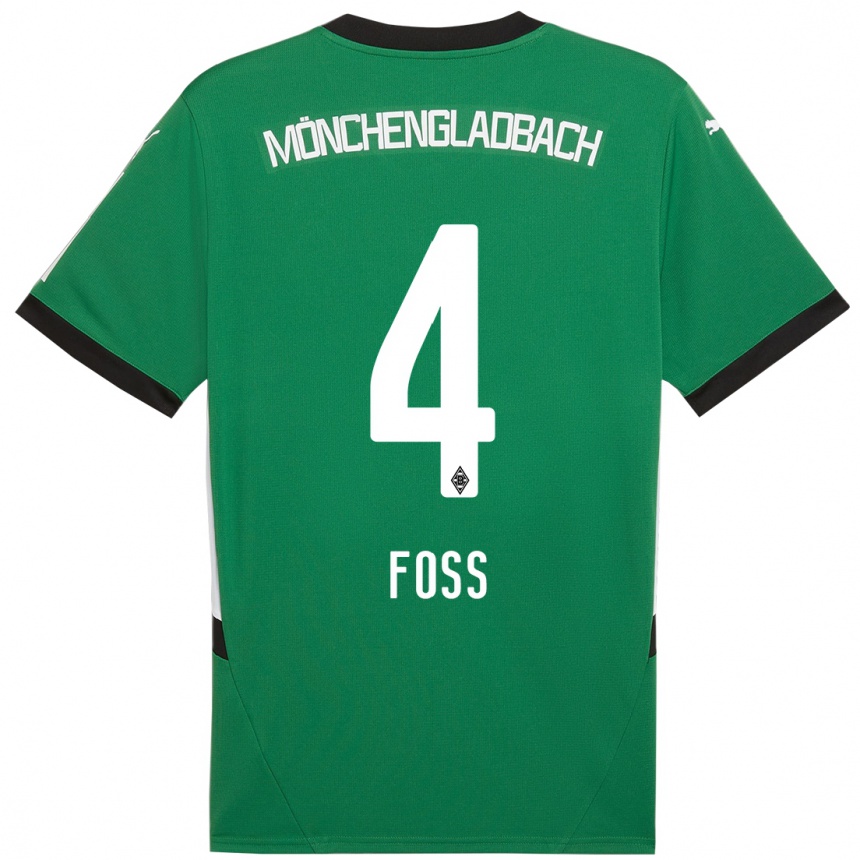 Gyermek Labdarúgás Jonathan Foss #4 Zöld Fehér Idegenbeli Jersey 2024/25 Mez Póló Ing