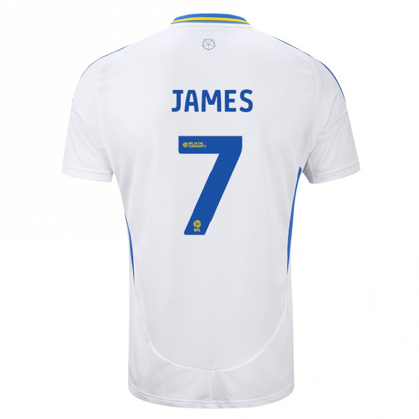 Gyermek Labdarúgás Daniel James #7 Fehér Kék Hazai Jersey 2024/25 Mez Póló Ing