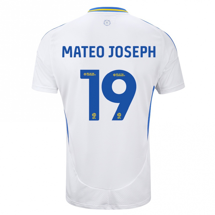 Gyermek Labdarúgás Mateo Joseph #19 Fehér Kék Hazai Jersey 2024/25 Mez Póló Ing