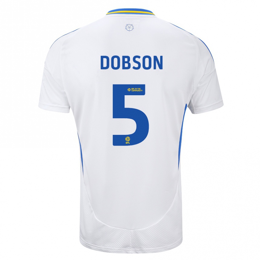 Gyermek Labdarúgás Ellie Dobson #5 Fehér Kék Hazai Jersey 2024/25 Mez Póló Ing