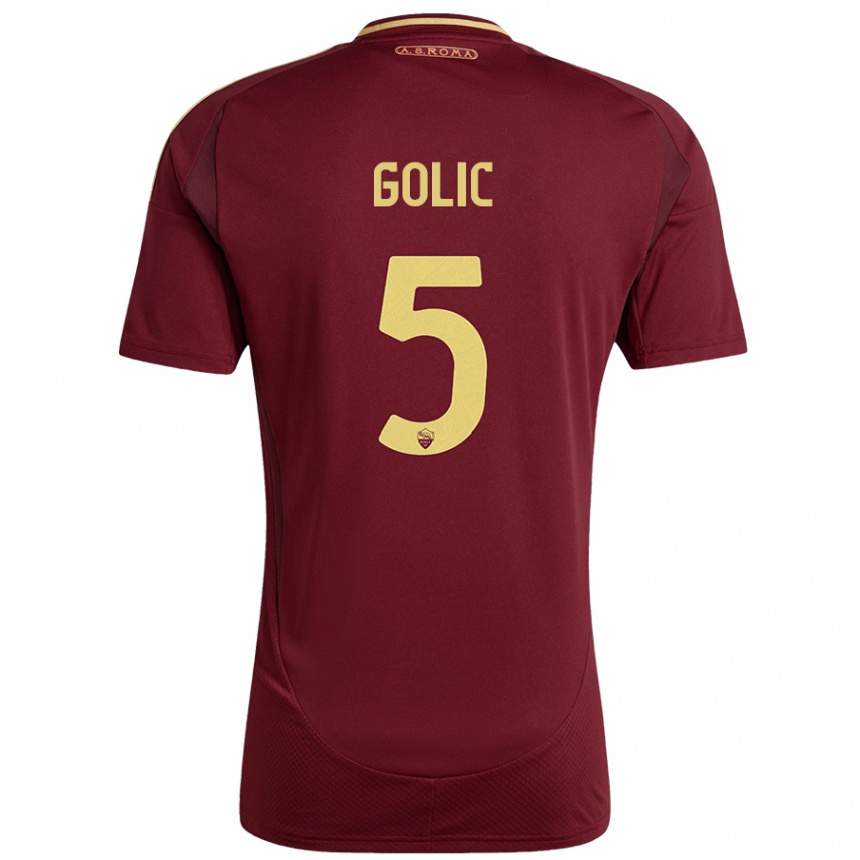 Gyermek Labdarúgás Lovro Golic #5 Vörös Barna Arany Hazai Jersey 2024/25 Mez Póló Ing