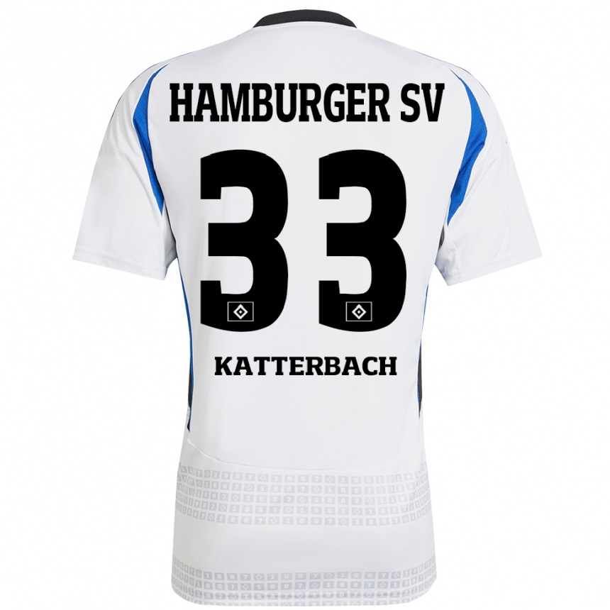 Gyermek Labdarúgás Noah Katterbach #33 Fehér Kék Hazai Jersey 2024/25 Mez Póló Ing