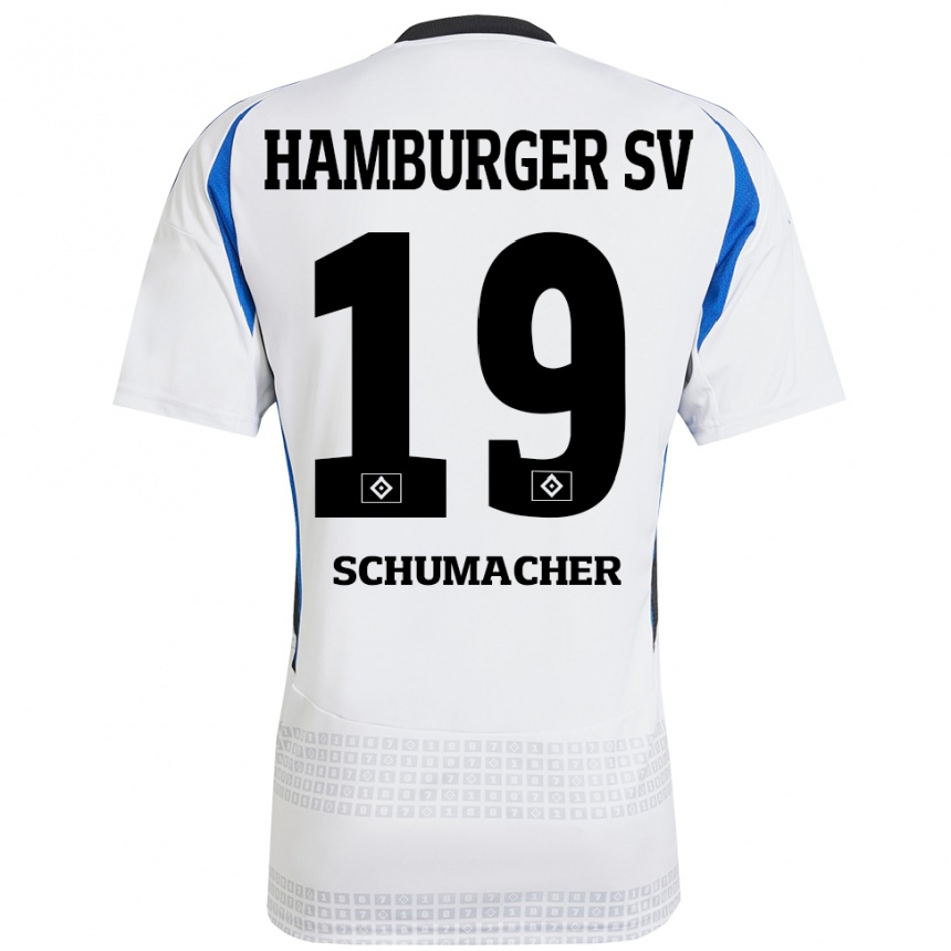 Gyermek Labdarúgás Lukas Schumacher #19 Fehér Kék Hazai Jersey 2024/25 Mez Póló Ing