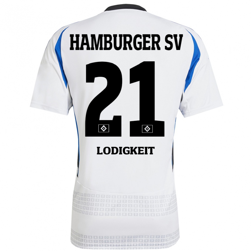 Gyermek Labdarúgás Luis Lodigkeit #21 Fehér Kék Hazai Jersey 2024/25 Mez Póló Ing