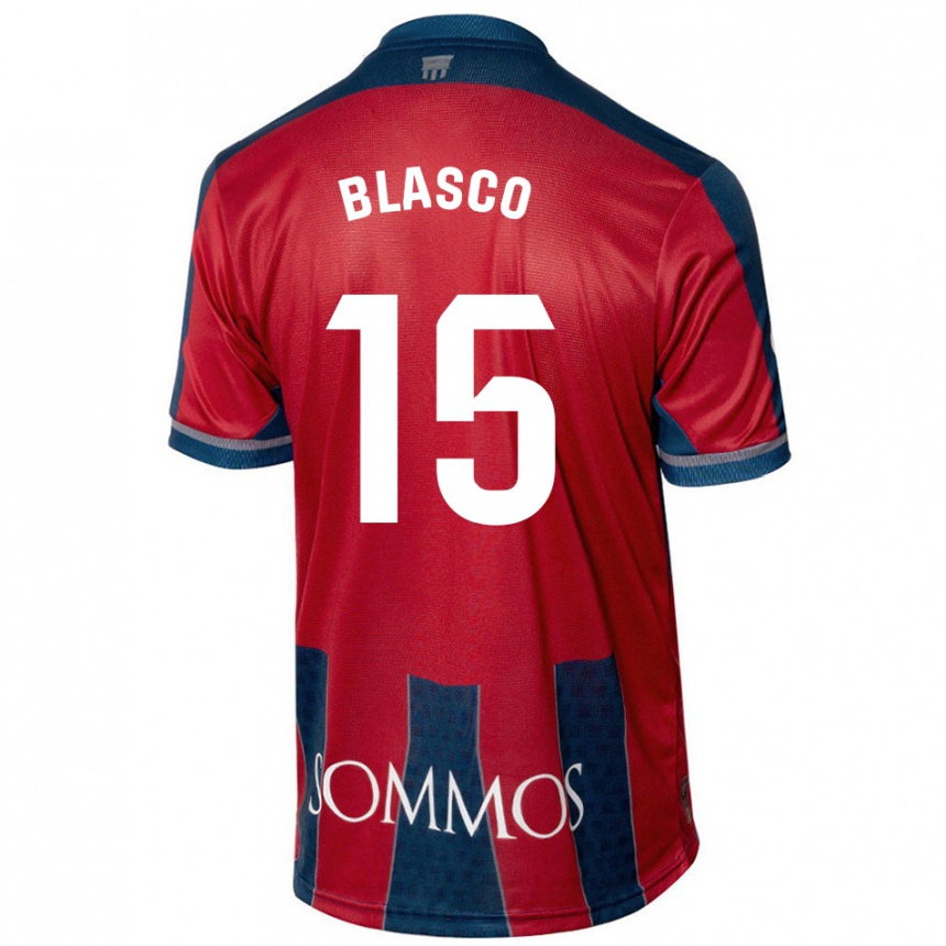 Gyermek Labdarúgás Jérémy Blasco #15 Piros Kék Hazai Jersey 2024/25 Mez Póló Ing