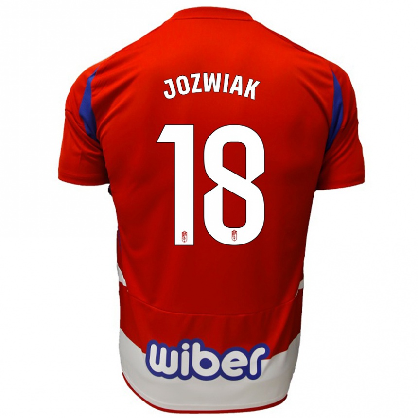 Gyermek Labdarúgás Kamil Józwiak #18 Piros Fehér Kék Hazai Jersey 2024/25 Mez Póló Ing