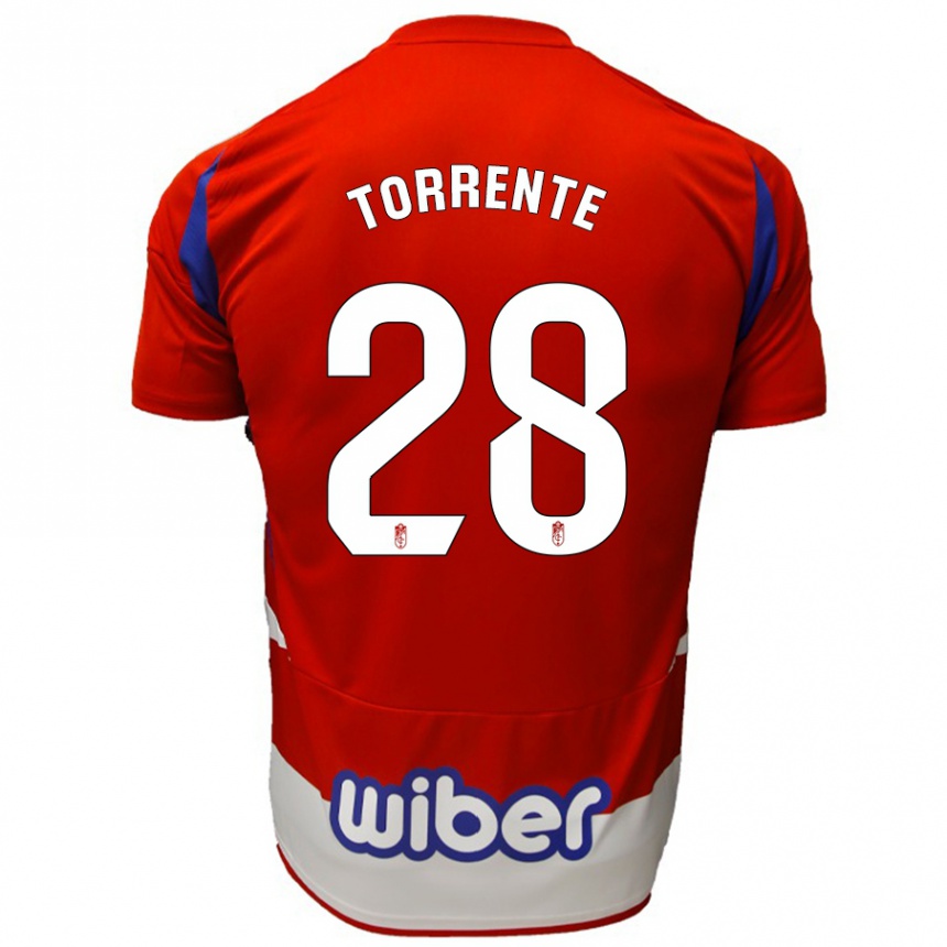 Gyermek Labdarúgás Raúl Torrente #28 Piros Fehér Kék Hazai Jersey 2024/25 Mez Póló Ing