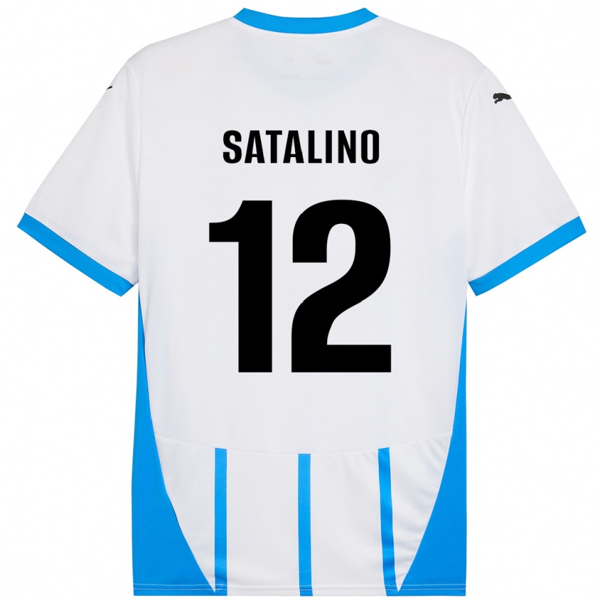 Gyermek Labdarúgás Giacomo Satalino #12 Fehér Kék Idegenbeli Jersey 2024/25 Mez Póló Ing