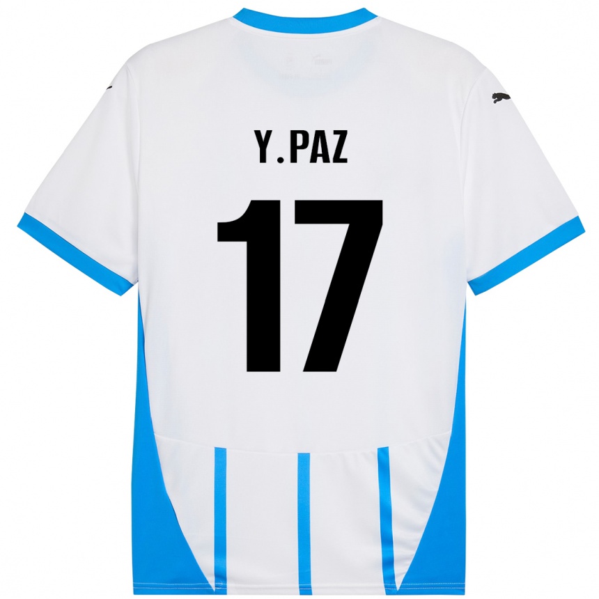 Gyermek Labdarúgás Yeferson Paz #17 Fehér Kék Idegenbeli Jersey 2024/25 Mez Póló Ing