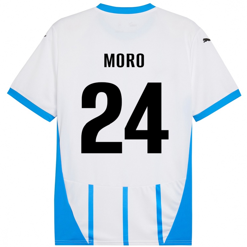 Gyermek Labdarúgás Luca Moro #24 Fehér Kék Idegenbeli Jersey 2024/25 Mez Póló Ing