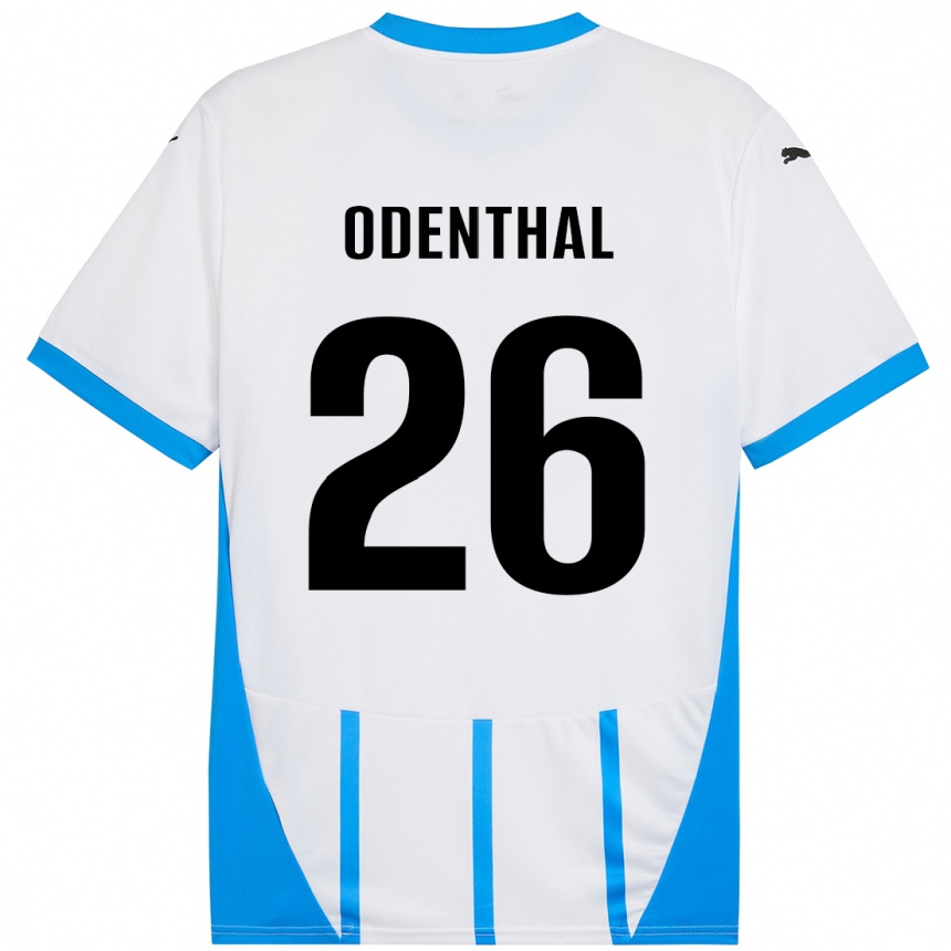 Gyermek Labdarúgás Cas Odenthal #26 Fehér Kék Idegenbeli Jersey 2024/25 Mez Póló Ing