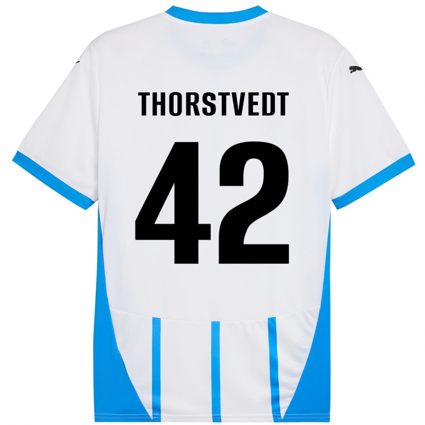 Gyermek Labdarúgás Kristian Thorstvedt #42 Fehér Kék Idegenbeli Jersey 2024/25 Mez Póló Ing