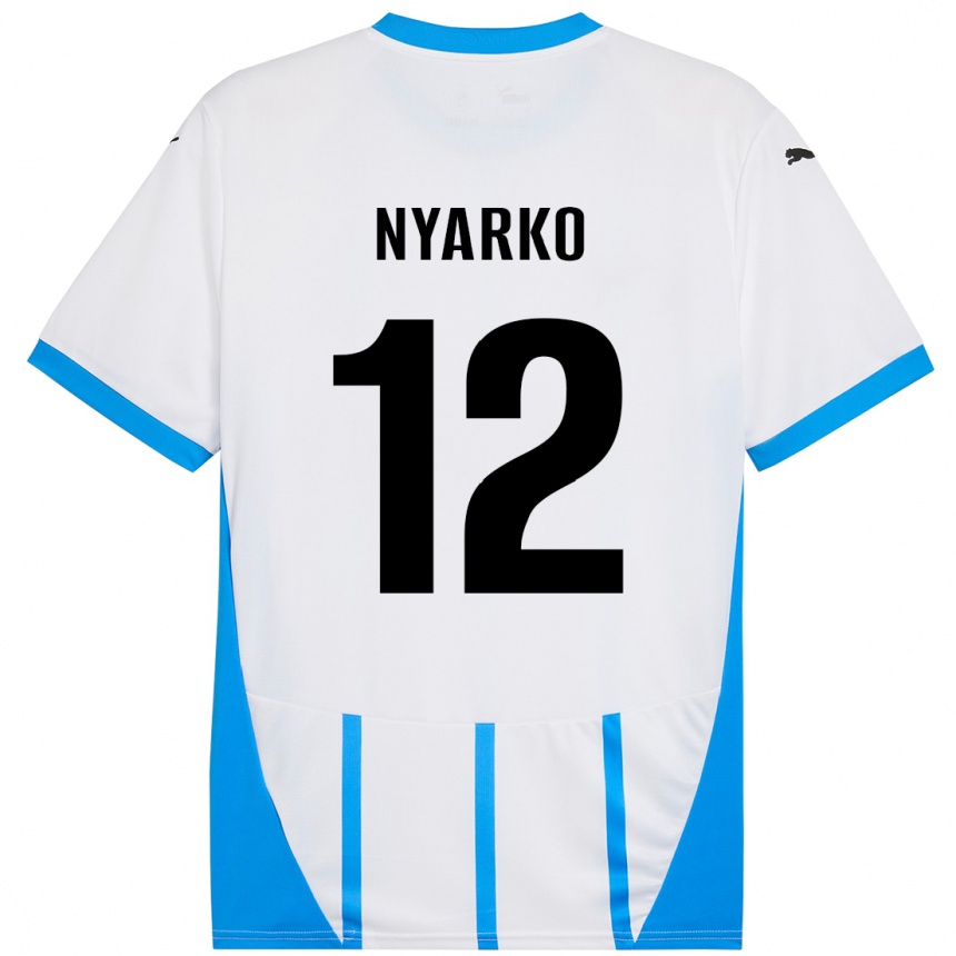 Gyermek Labdarúgás Lorenzo Nyarko #12 Fehér Kék Idegenbeli Jersey 2024/25 Mez Póló Ing