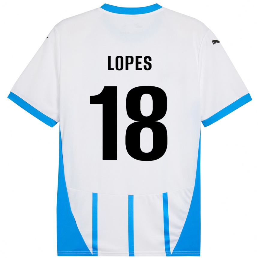 Gyermek Labdarúgás Emerick Lopes #18 Fehér Kék Idegenbeli Jersey 2024/25 Mez Póló Ing