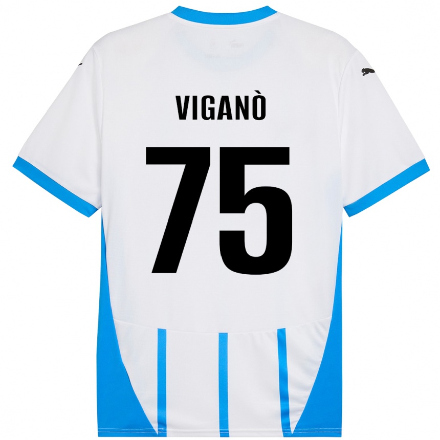 Gyermek Labdarúgás Lorenzo Viganò #75 Fehér Kék Idegenbeli Jersey 2024/25 Mez Póló Ing