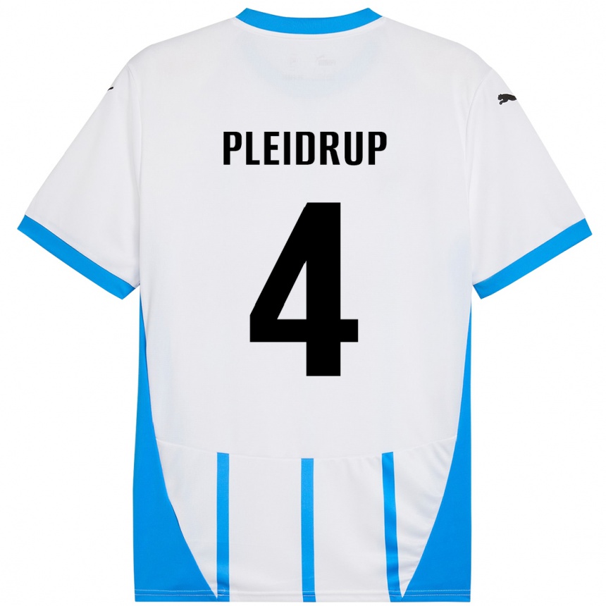 Gyermek Labdarúgás Caroline Pleidrup #4 Fehér Kék Idegenbeli Jersey 2024/25 Mez Póló Ing