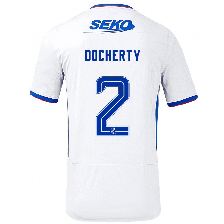 Gyermek Labdarúgás Nicola Docherty #2 Fehér Kék Idegenbeli Jersey 2024/25 Mez Póló Ing