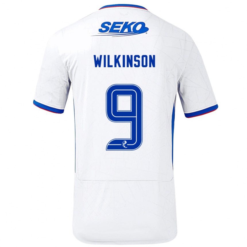 Gyermek Labdarúgás Katie Wilkinson #9 Fehér Kék Idegenbeli Jersey 2024/25 Mez Póló Ing