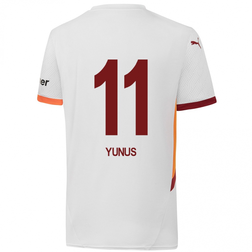 Gyermek Labdarúgás Yunus Akgün #11 Fehér Sárga Piros Idegenbeli Jersey 2024/25 Mez Póló Ing