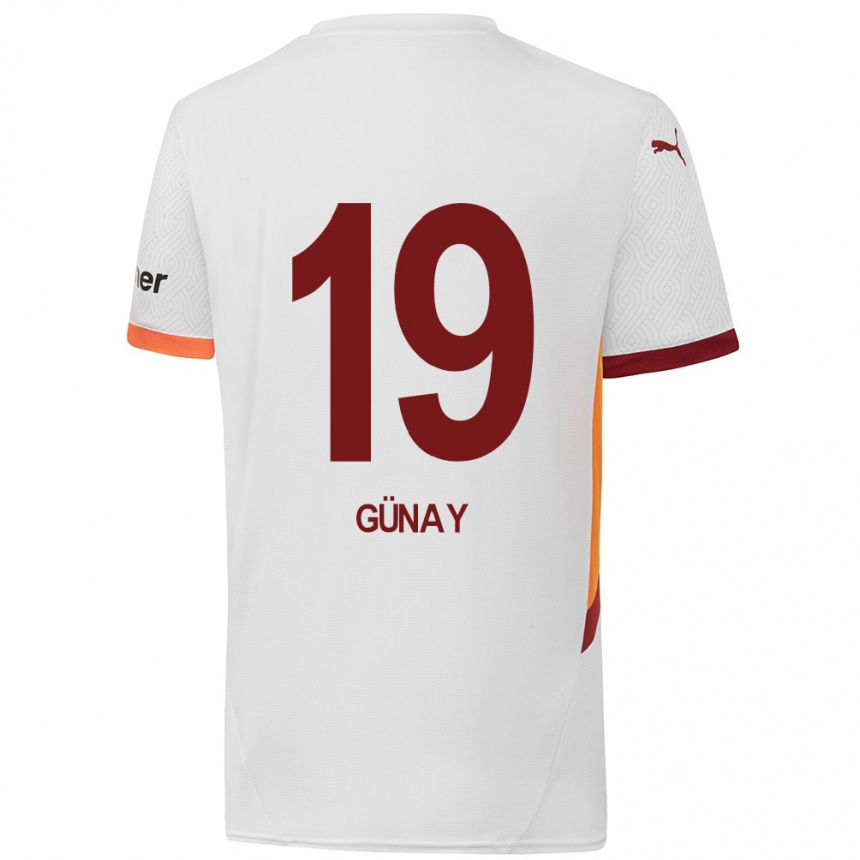 Gyermek Labdarúgás Günay Güvenç #19 Fehér Sárga Piros Idegenbeli Jersey 2024/25 Mez Póló Ing