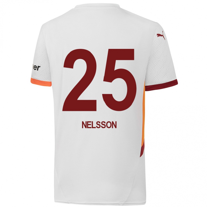 Gyermek Labdarúgás Victor Nelsson #25 Fehér Sárga Piros Idegenbeli Jersey 2024/25 Mez Póló Ing