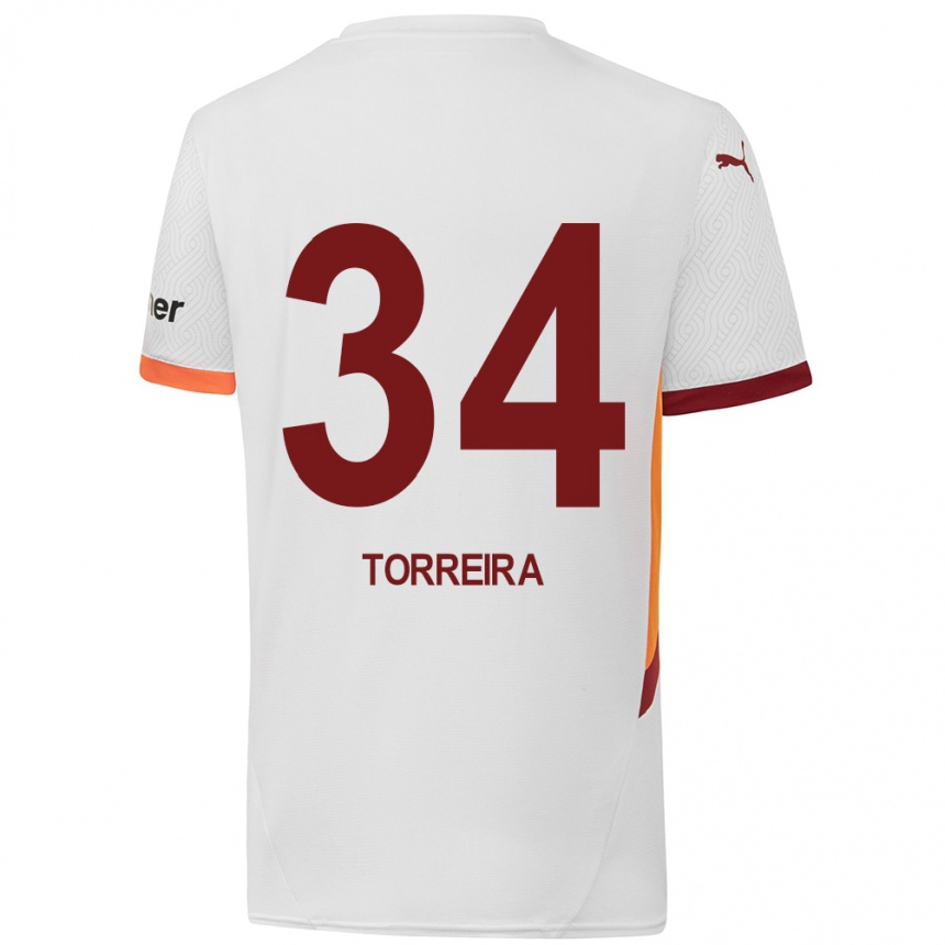 Gyermek Labdarúgás Lucas Torreira #34 Fehér Sárga Piros Idegenbeli Jersey 2024/25 Mez Póló Ing