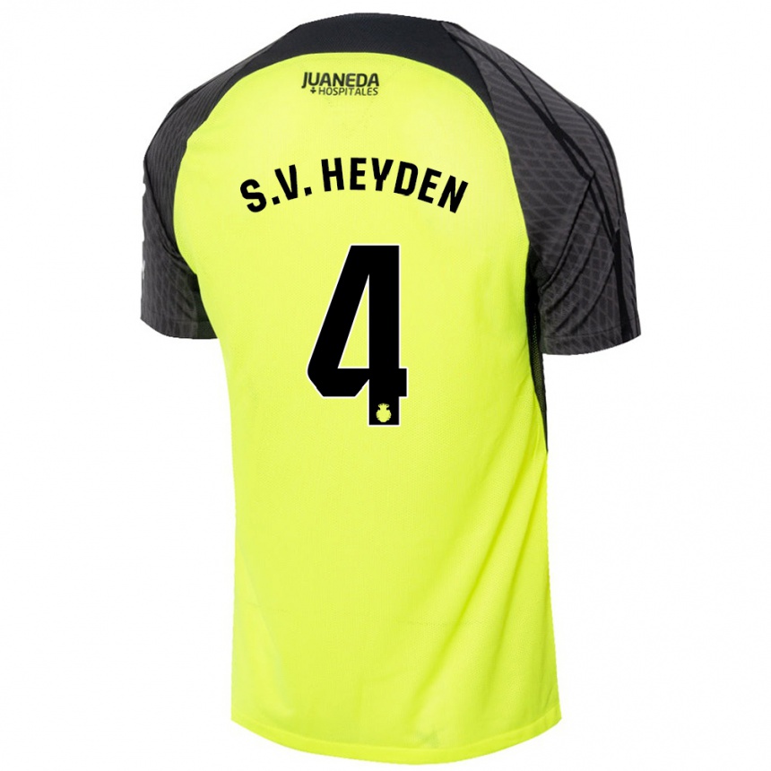 Gyermek Labdarúgás Siebe Van Der Heyden #4 Fluoreszkáló Zöld Fekete Idegenbeli Jersey 2024/25 Mez Póló Ing