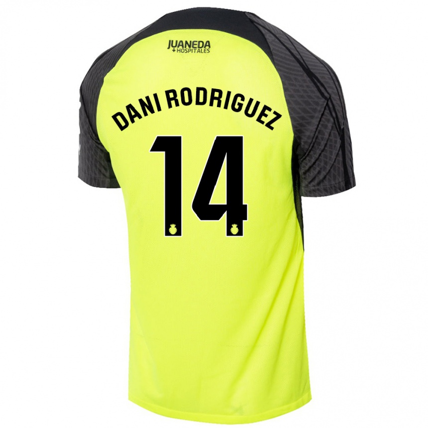 Gyermek Labdarúgás Dani Rodríguez #14 Fluoreszkáló Zöld Fekete Idegenbeli Jersey 2024/25 Mez Póló Ing