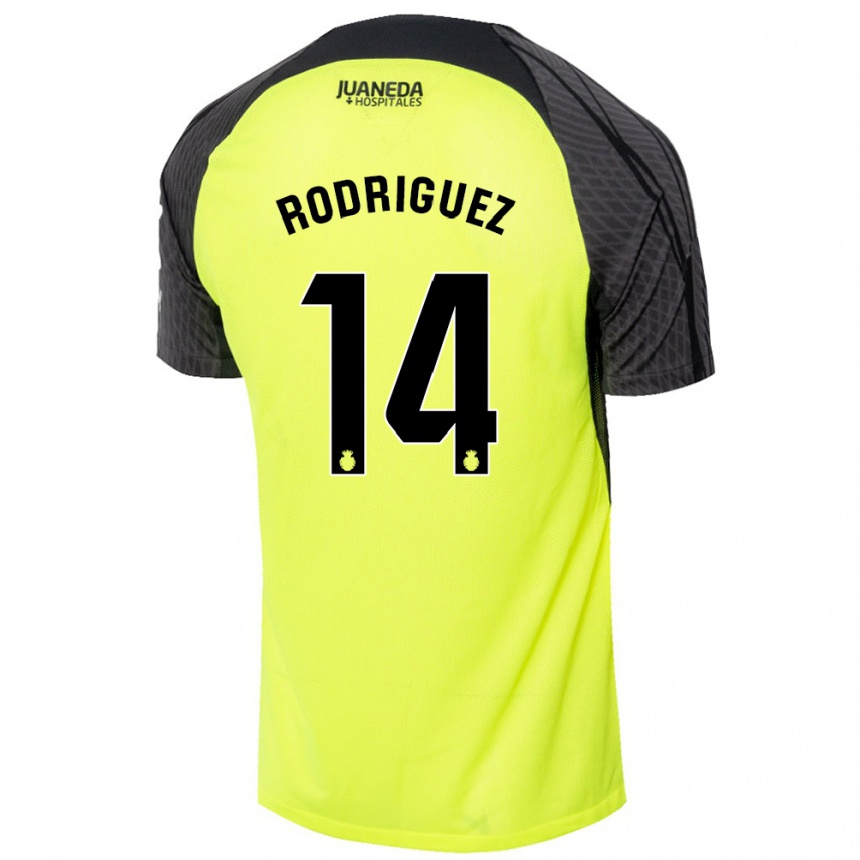 Gyermek Labdarúgás Diego Rodríguez #14 Fluoreszkáló Zöld Fekete Idegenbeli Jersey 2024/25 Mez Póló Ing