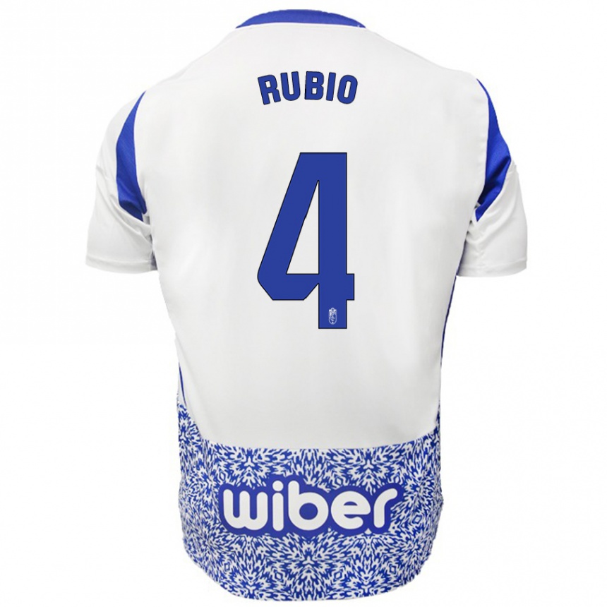 Gyermek Labdarúgás Miguel Rubio #4 Fehér Kék Idegenbeli Jersey 2024/25 Mez Póló Ing