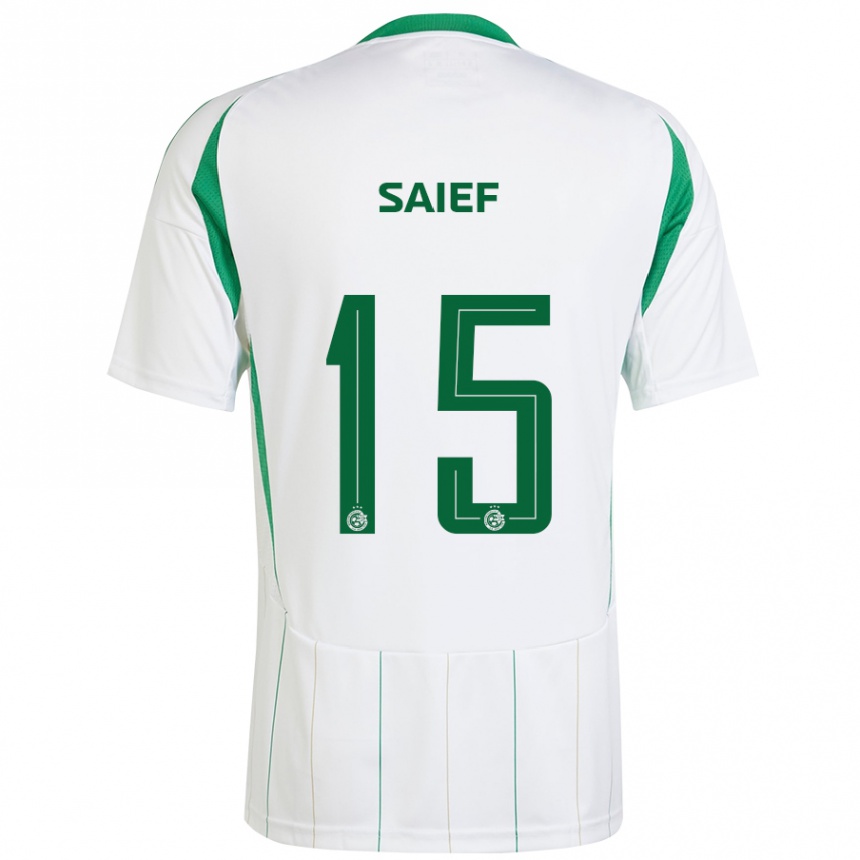 Gyermek Labdarúgás Kenny Saief #15 Fehér Zöld Idegenbeli Jersey 2024/25 Mez Póló Ing