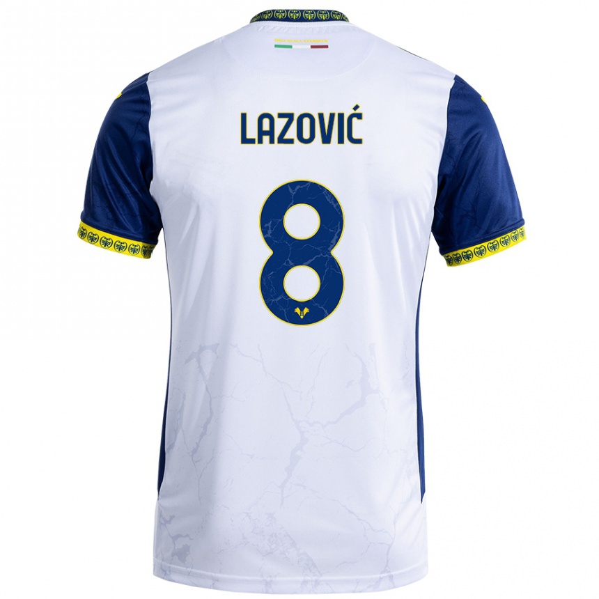 Gyermek Labdarúgás Darko Lazović #8 Fehér Kék Idegenbeli Jersey 2024/25 Mez Póló Ing