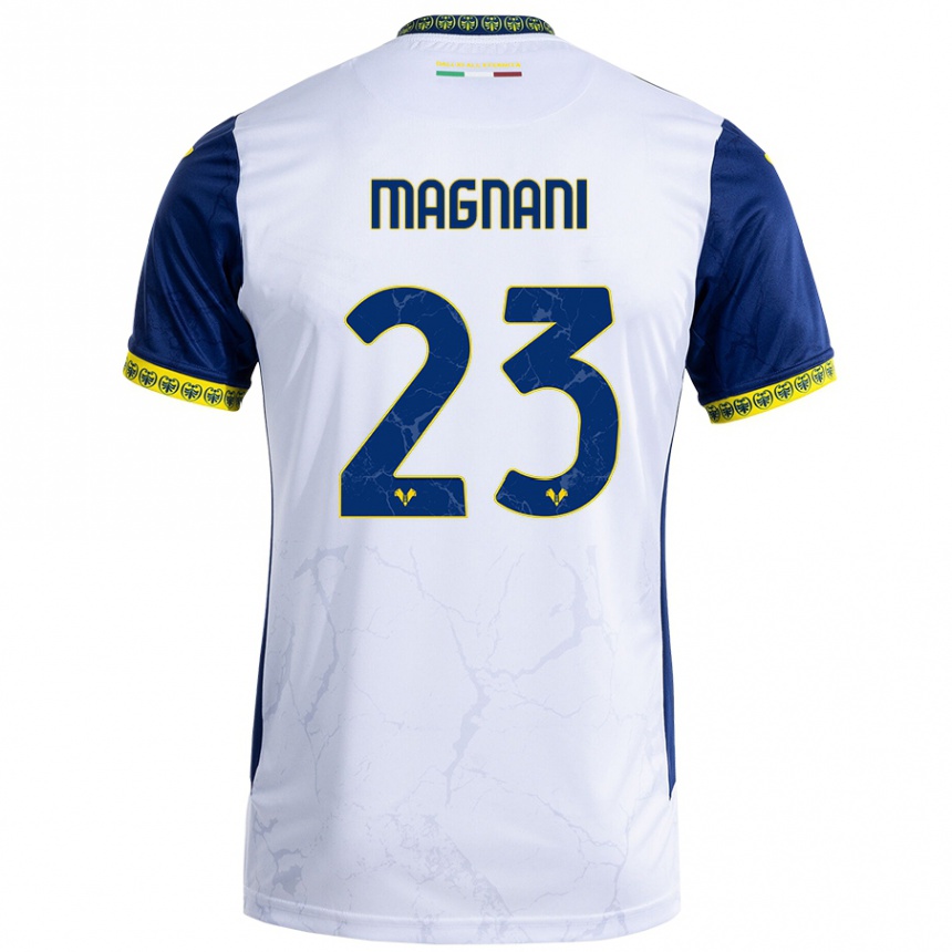 Gyermek Labdarúgás Giangiacomo Magnani #23 Fehér Kék Idegenbeli Jersey 2024/25 Mez Póló Ing