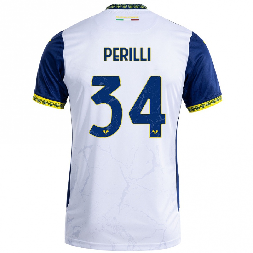 Gyermek Labdarúgás Simone Perilli #34 Fehér Kék Idegenbeli Jersey 2024/25 Mez Póló Ing