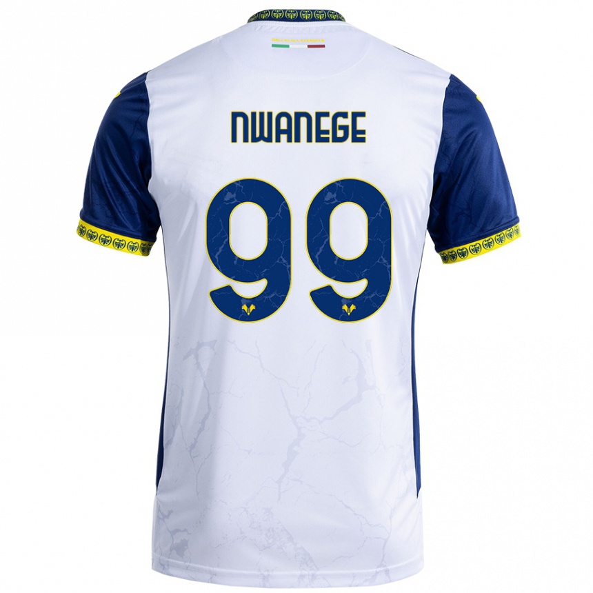 Gyermek Labdarúgás Karlson Nwanege #99 Fehér Kék Idegenbeli Jersey 2024/25 Mez Póló Ing