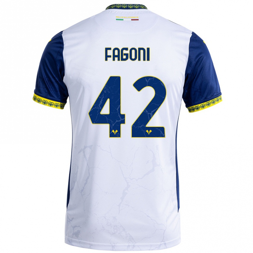 Gyermek Labdarúgás Marco Fagoni #42 Fehér Kék Idegenbeli Jersey 2024/25 Mez Póló Ing