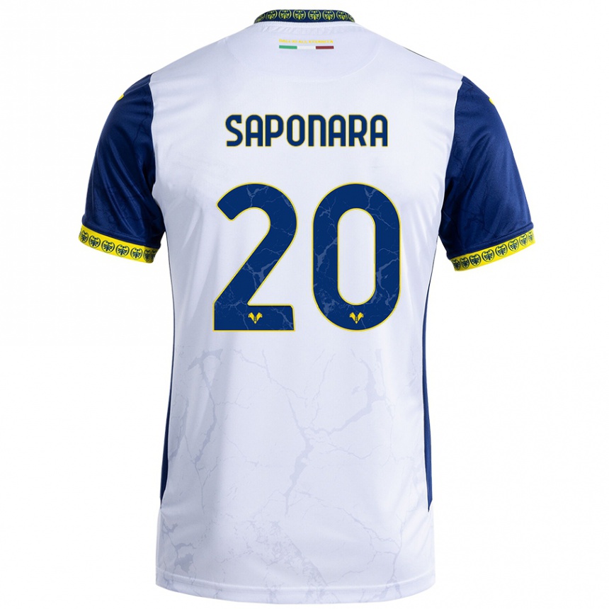 Gyermek Labdarúgás Riccardo Saponara #20 Fehér Kék Idegenbeli Jersey 2024/25 Mez Póló Ing