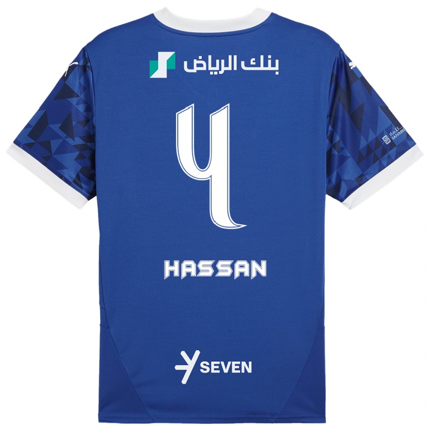 Gyermek Labdarúgás Eman Hassan #4 Sötétkék Fehér Hazai Jersey 2024/25 Mez Póló Ing