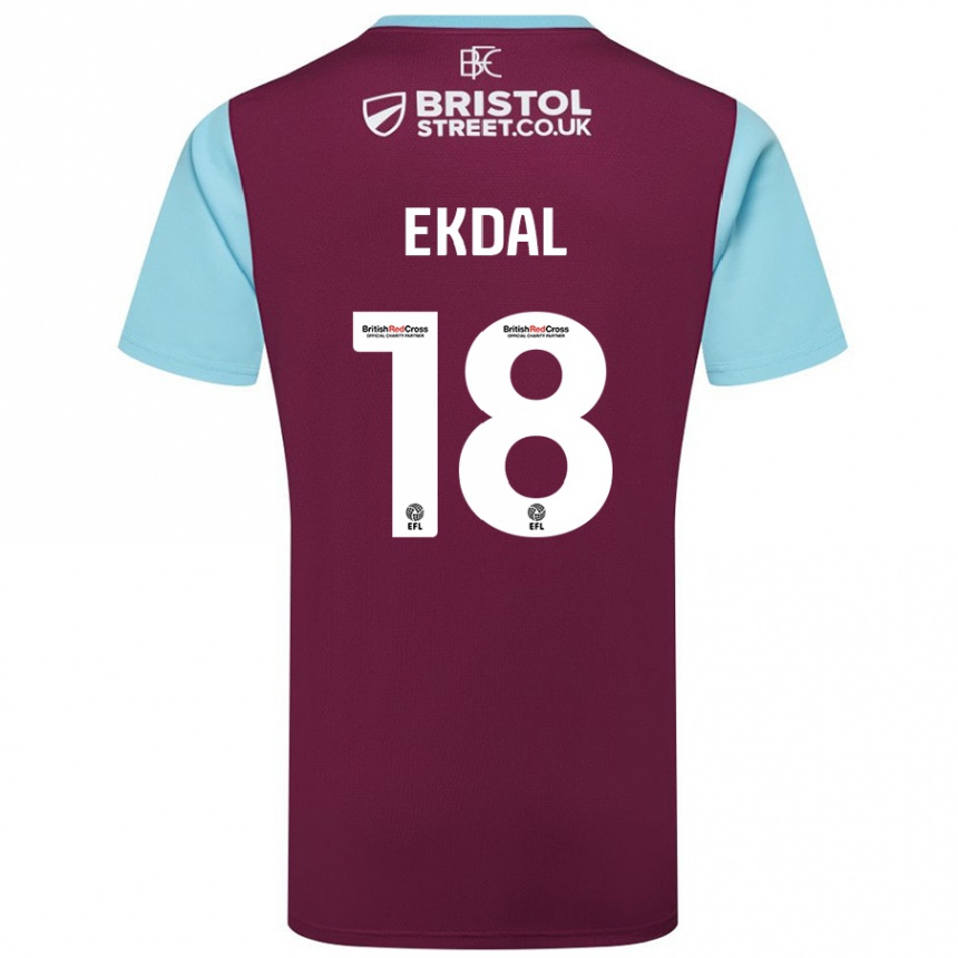 Gyermek Labdarúgás Hjalmar Ekdal #18 Bordó Égszínkék Hazai Jersey 2024/25 Mez Póló Ing