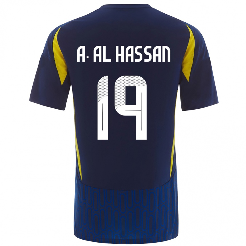 Gyermek Labdarúgás Ali Al-Hassan #19 Kék Sárga Idegenbeli Jersey 2024/25 Mez Póló Ing