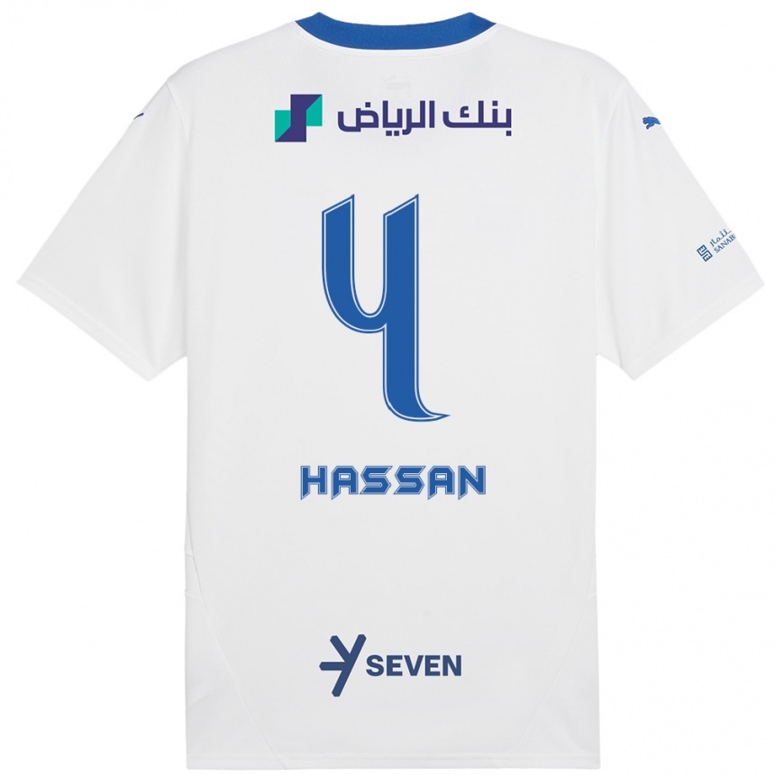 Gyermek Labdarúgás Eman Hassan #4 Fehér Kék Idegenbeli Jersey 2024/25 Mez Póló Ing