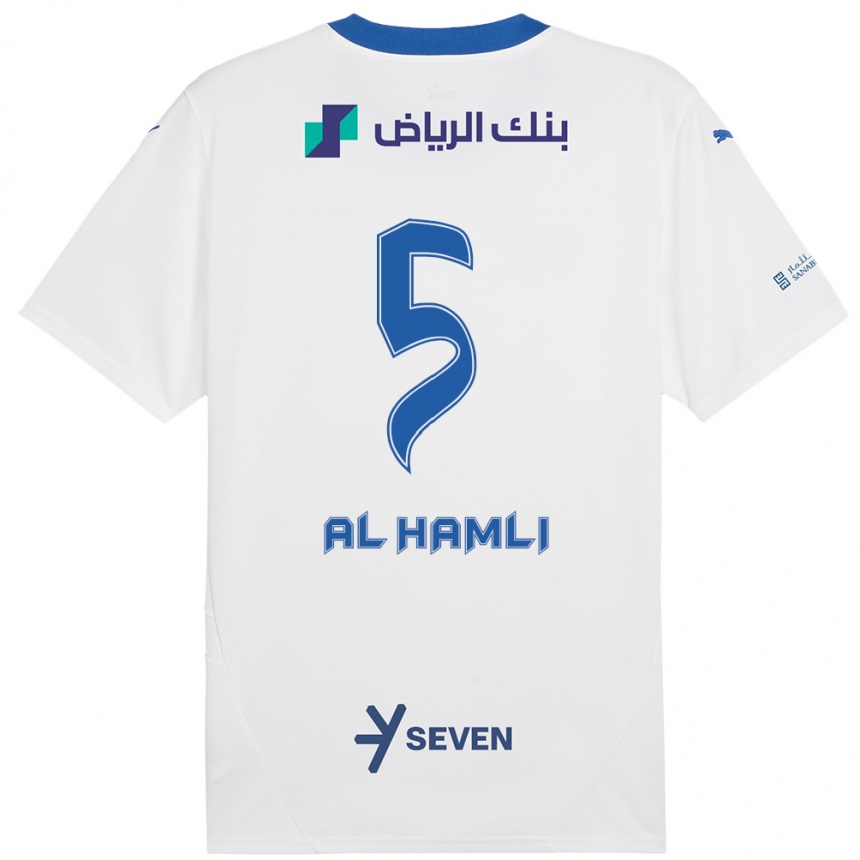 Gyermek Labdarúgás Noura Al-Hamli #5 Fehér Kék Idegenbeli Jersey 2024/25 Mez Póló Ing